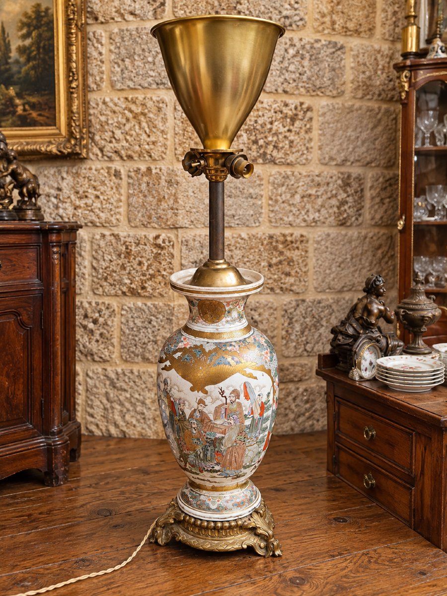Large Satsuma Earthenware Lamp – Japan, 19th Century – Height: 88 Cm 