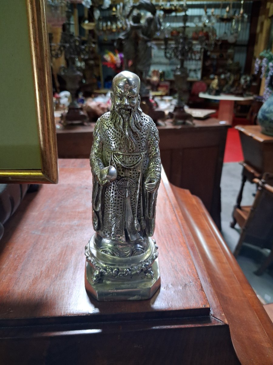 Chinese Shoulao Statuette In Silver-plated Bronze – Height: 20 Cm-photo-2