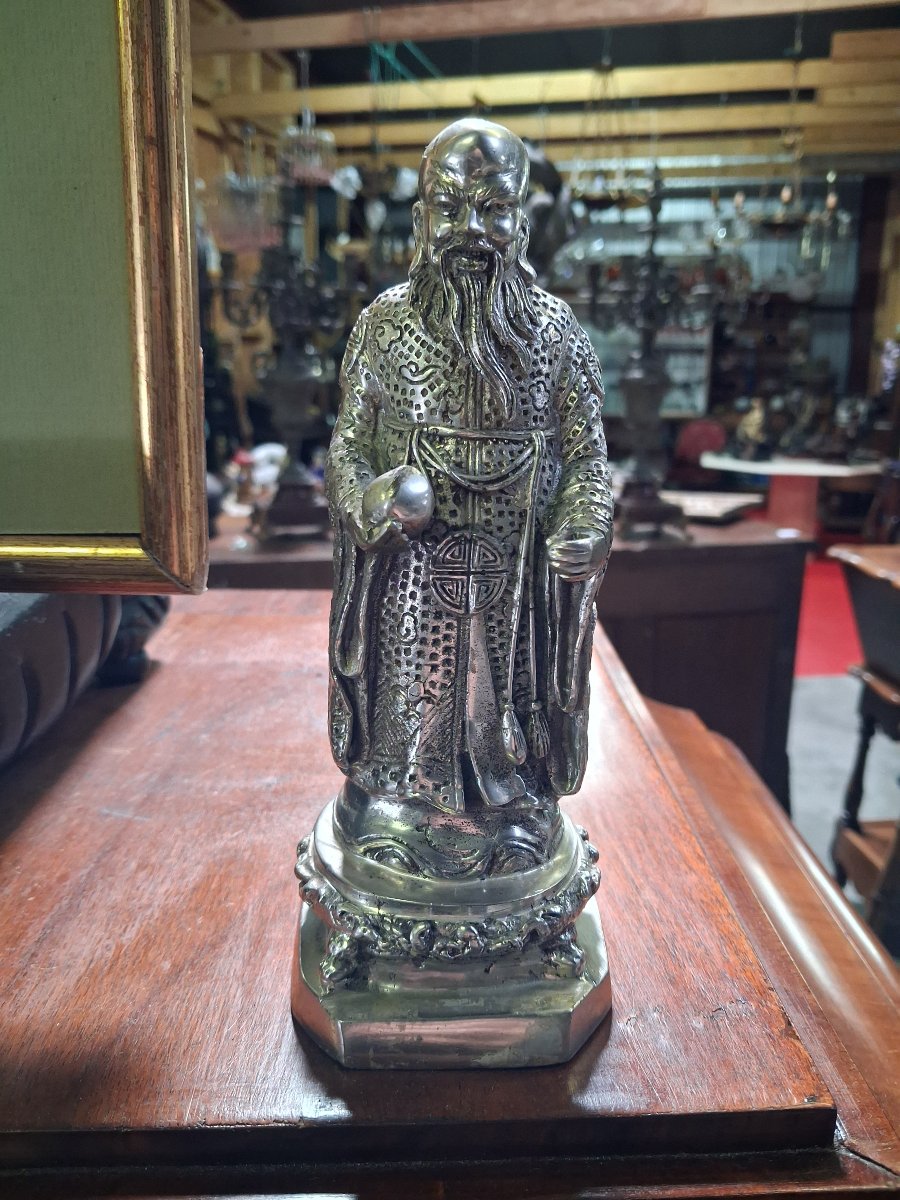 Chinese Shoulao Statuette In Silver-plated Bronze – Height: 20 Cm-photo-3