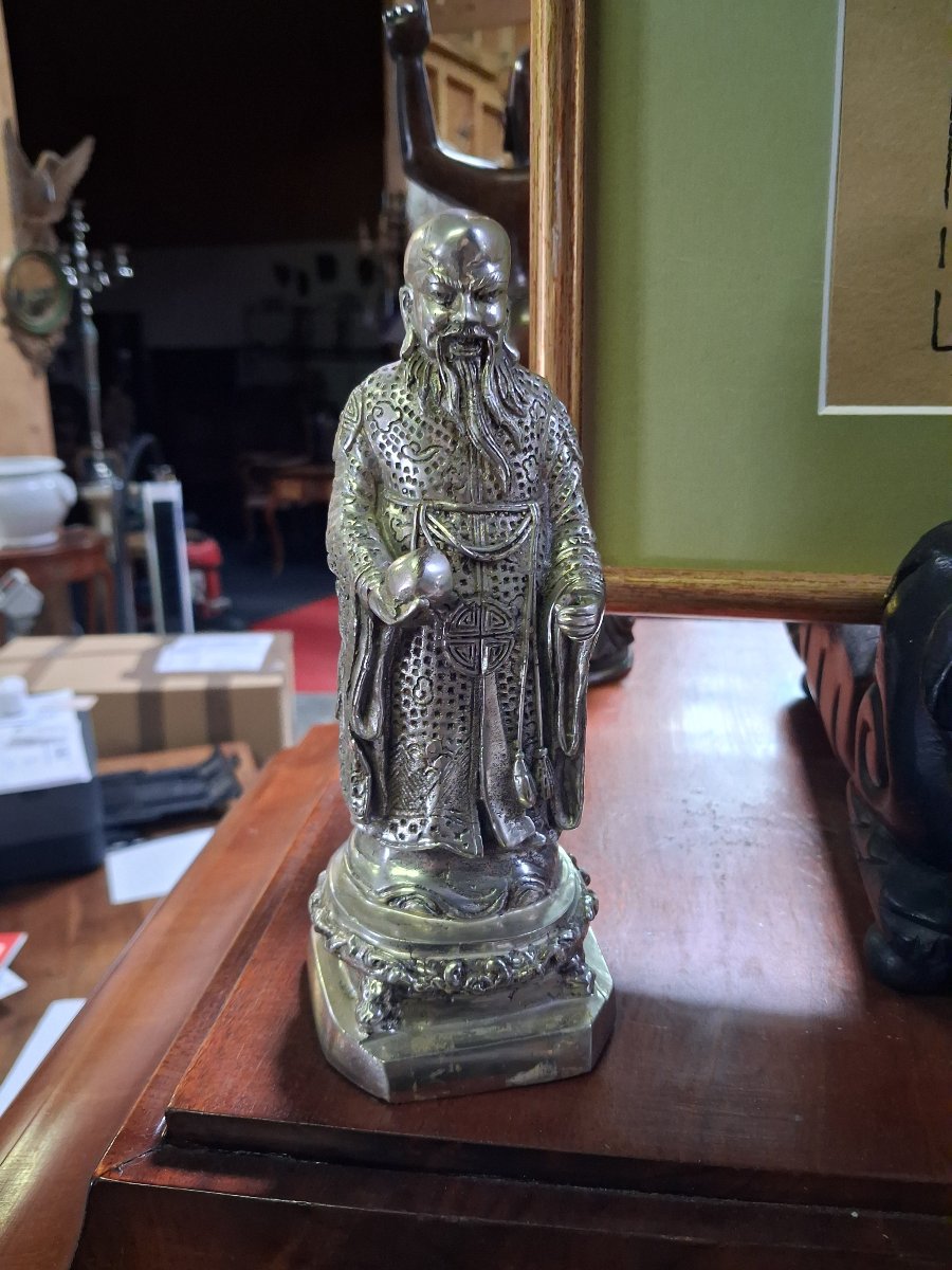 Chinese Shoulao Statuette In Silver-plated Bronze – Height: 20 Cm-photo-4