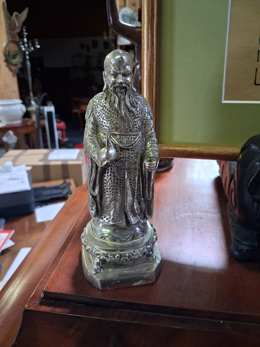 Chinese Shoulao Statuette In Silver-plated Bronze – Height: 20 Cm-photo-1