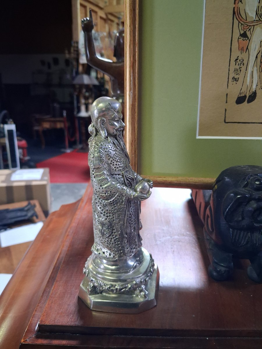Chinese Shoulao Statuette In Silver-plated Bronze – Height: 20 Cm-photo-2