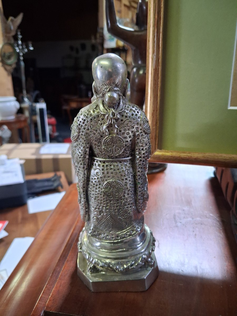 Chinese Shoulao Statuette In Silver-plated Bronze – Height: 20 Cm-photo-3