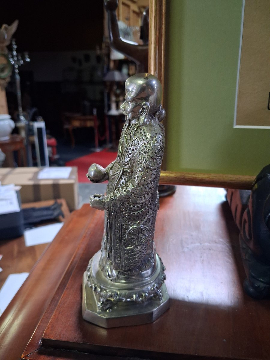 Chinese Shoulao Statuette In Silver-plated Bronze – Height: 20 Cm-photo-4