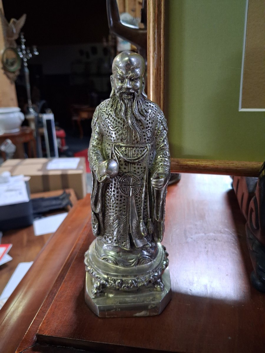 Chinese Shoulao Statuette In Silver-plated Bronze – Height: 20 Cm-photo-5