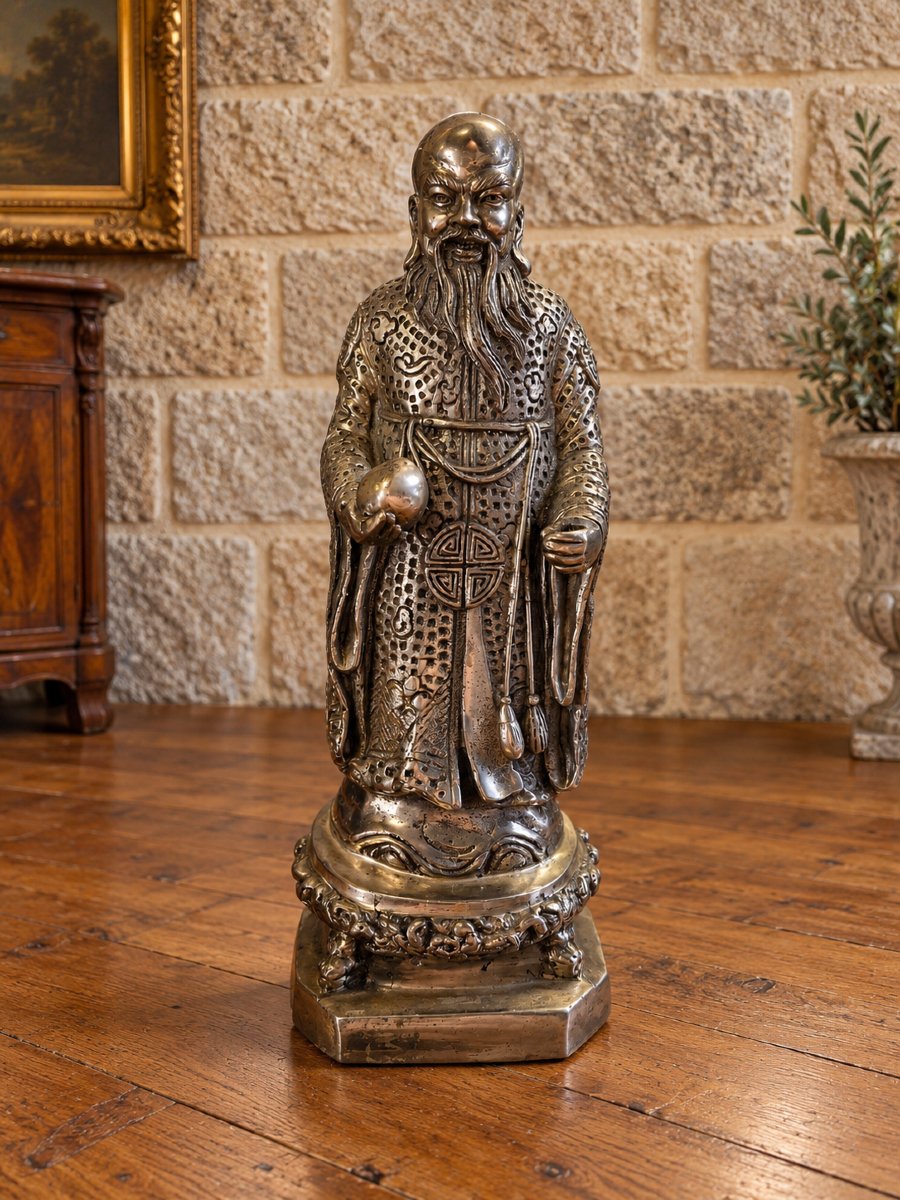 Chinese Shoulao Statuette In Silver-plated Bronze – Height: 20 Cm