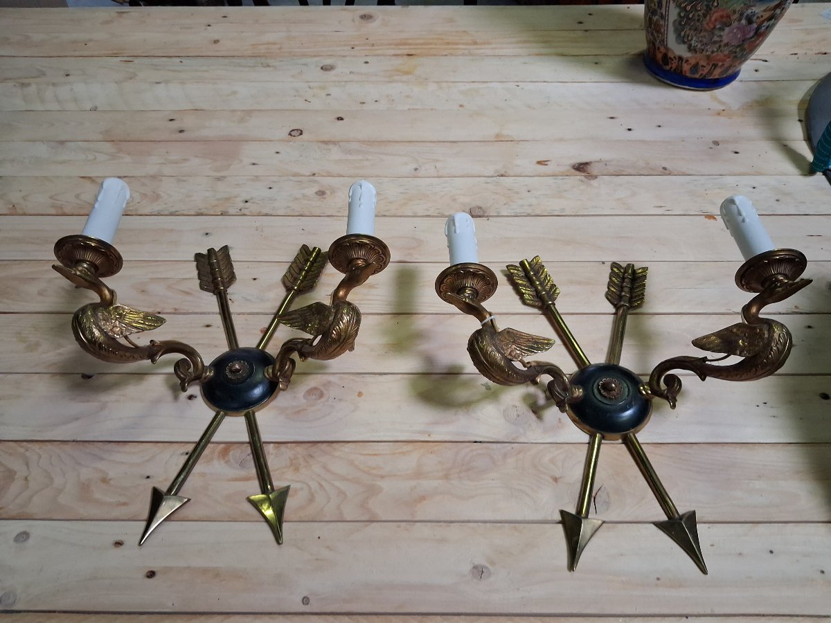 Pair Of Gilded Bronze Wall Sconces Featuring Birds And Arrows-photo-3