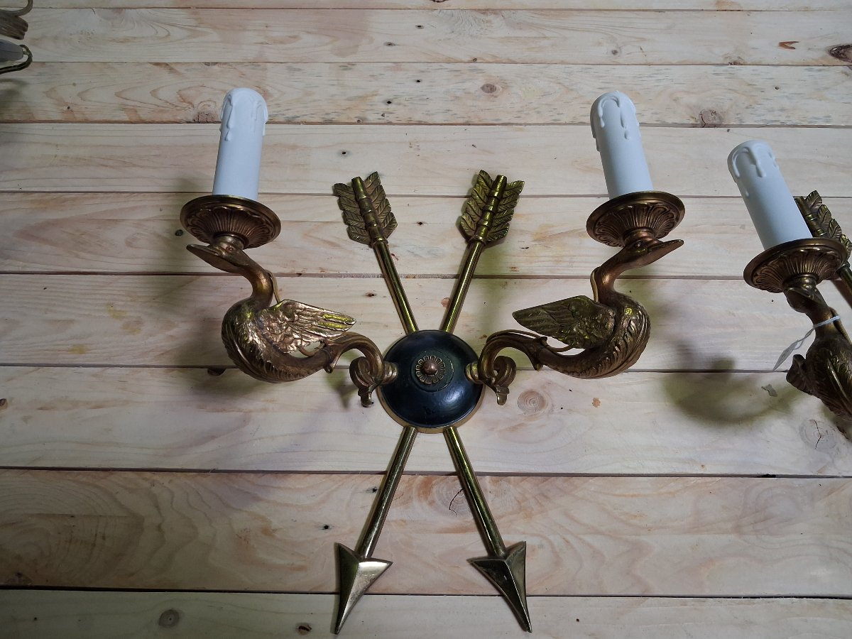 Pair Of Gilded Bronze Wall Sconces Featuring Birds And Arrows-photo-4