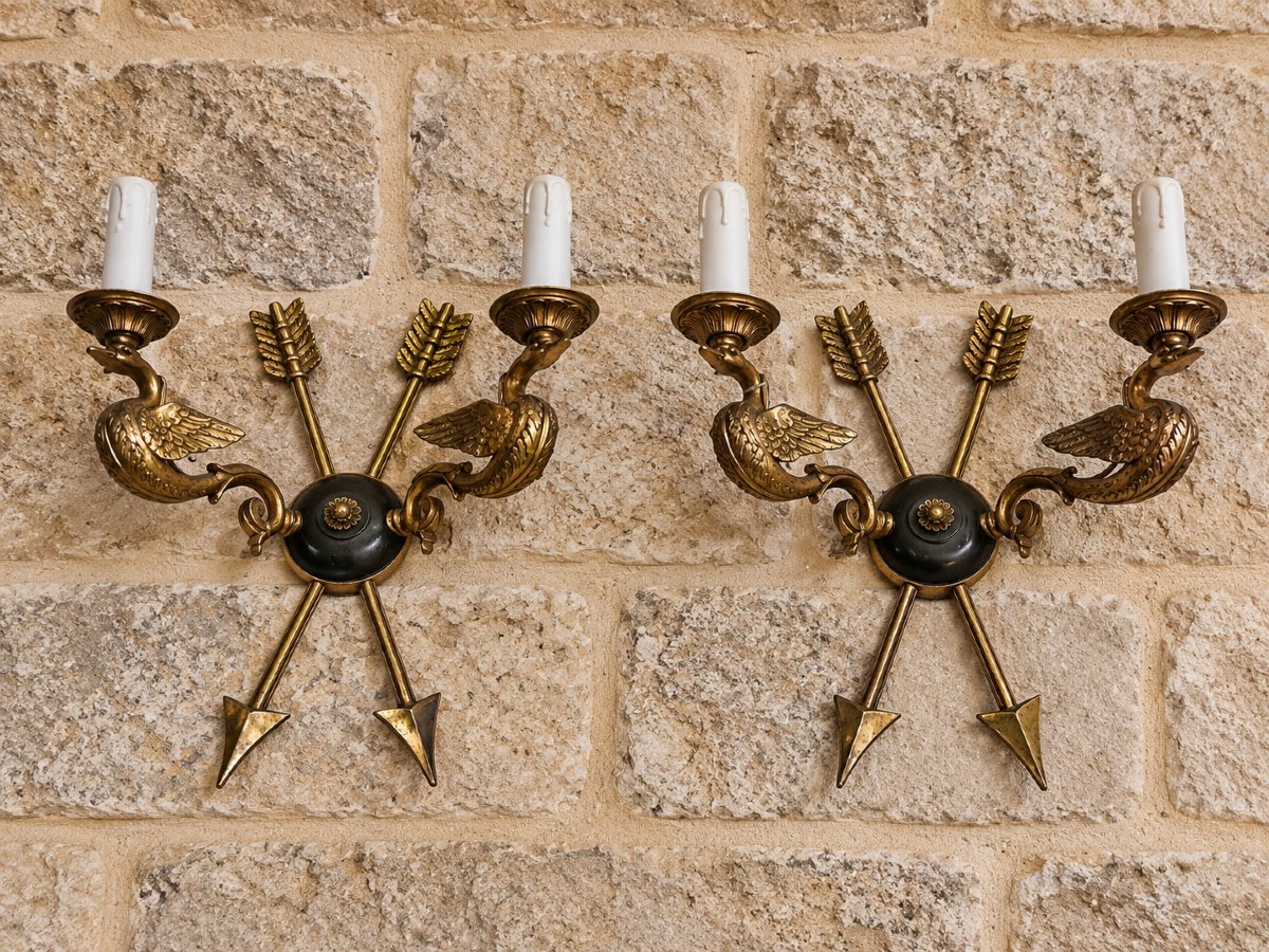 Pair Of Gilded Bronze Wall Sconces Featuring Birds And Arrows