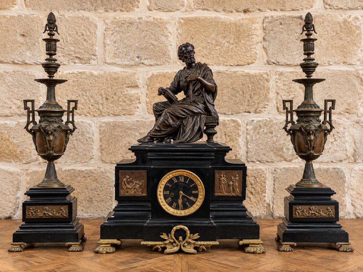 Garniture de cheminée en bronze et marbre noir – Pendule à personnage antique 