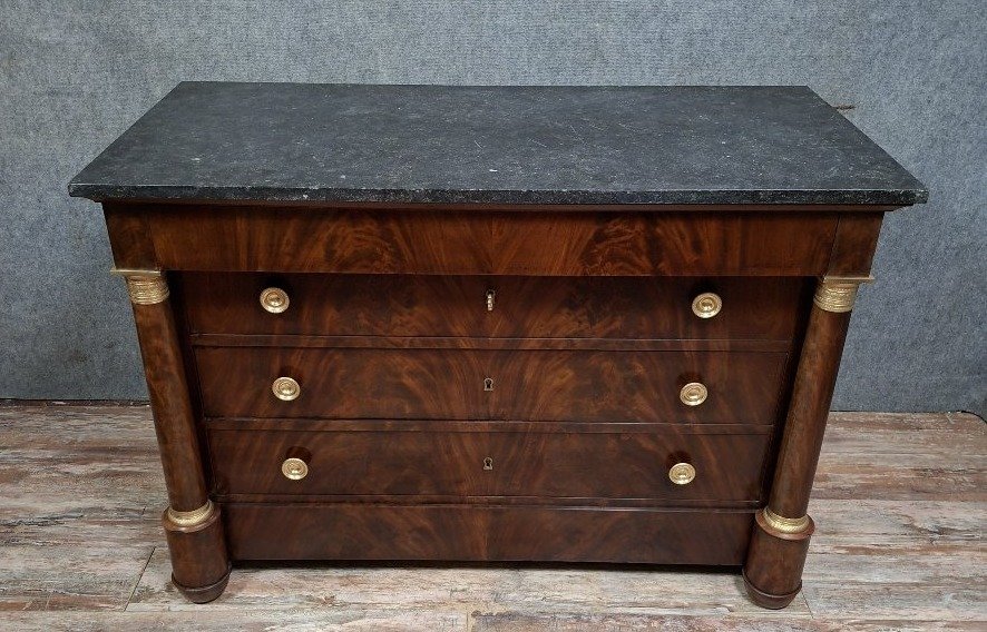Empire-style Mahogany Chest Of Drawers – Detached Columns – Marble Top – 19th Century -photo-2