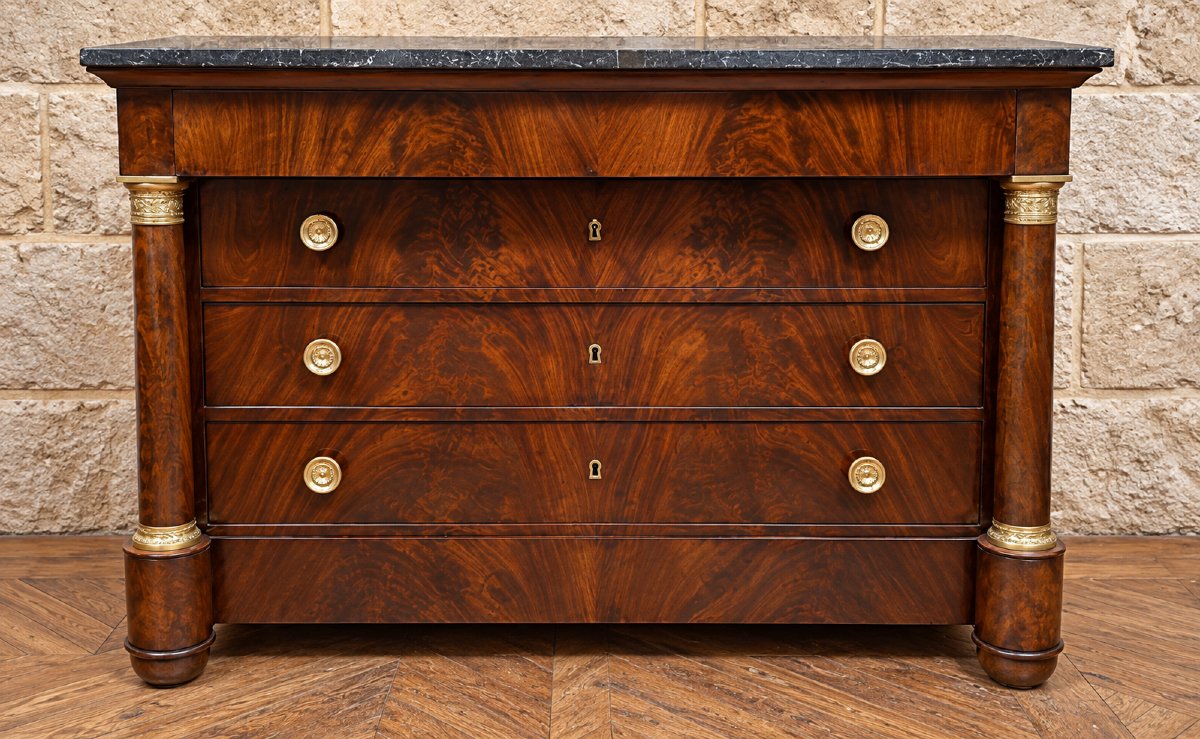 Empire-style Mahogany Chest Of Drawers – Detached Columns – Marble Top – 19th Century 