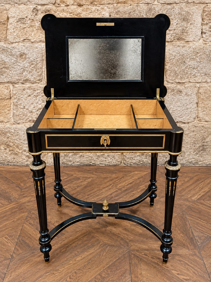 Craft Table / Dressing Table In Blackened Wood With Marquetry – Napoleon III Period – 19th Century-photo-2