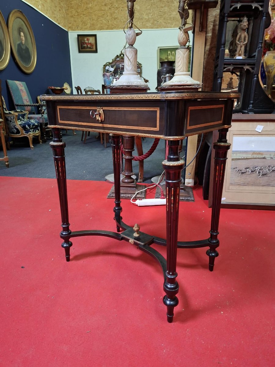 Craft Table / Dressing Table In Blackened Wood With Marquetry – Napoleon III Period – 19th Century-photo-3