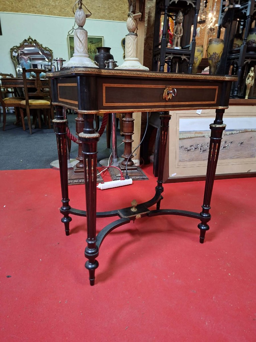 Craft Table / Dressing Table In Blackened Wood With Marquetry – Napoleon III Period – 19th Century-photo-4