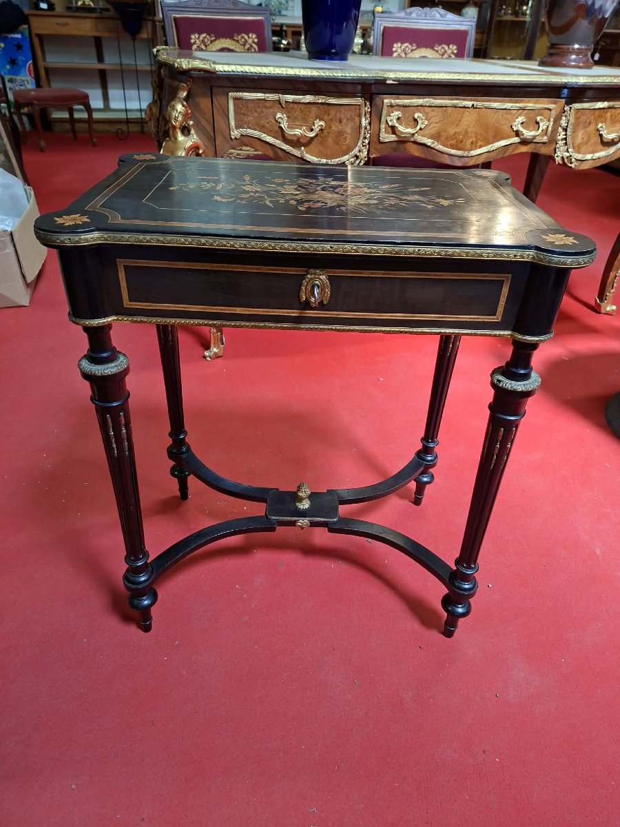 Craft Table / Dressing Table In Blackened Wood With Marquetry – Napoleon III Period – 19th Century-photo-1