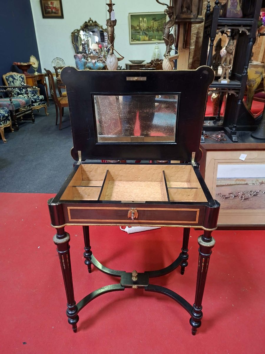 Craft Table / Dressing Table In Blackened Wood With Marquetry – Napoleon III Period – 19th Century-photo-2