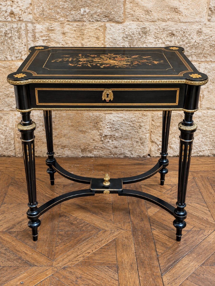 Craft Table / Dressing Table In Blackened Wood With Marquetry – Napoleon III Period – 19th Century