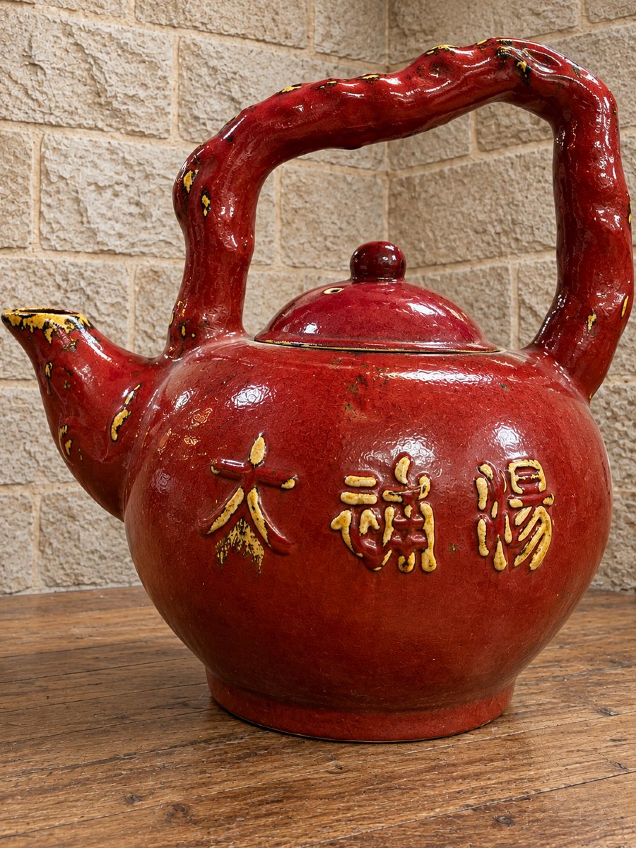 Grande théière chinoise en céramique émaillée rouge – Décor de caractères en relief 