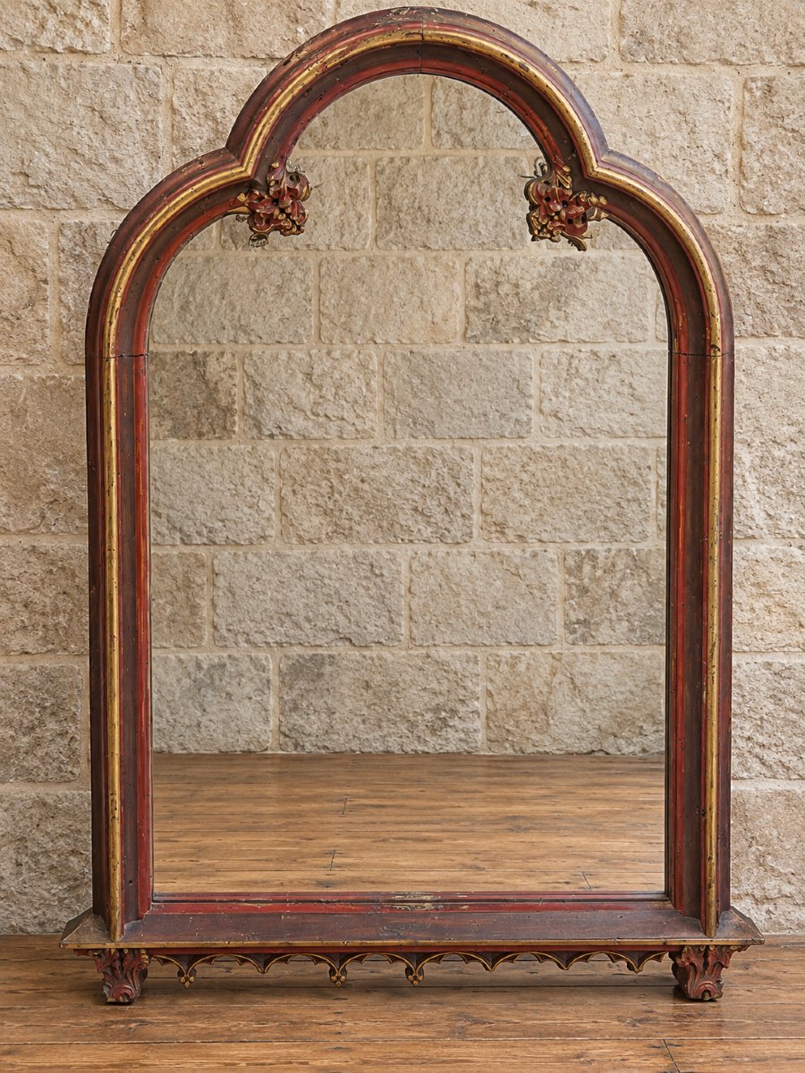 Grand miroir néogothique polylobé en bois sculpté et doré – XXe siècle 