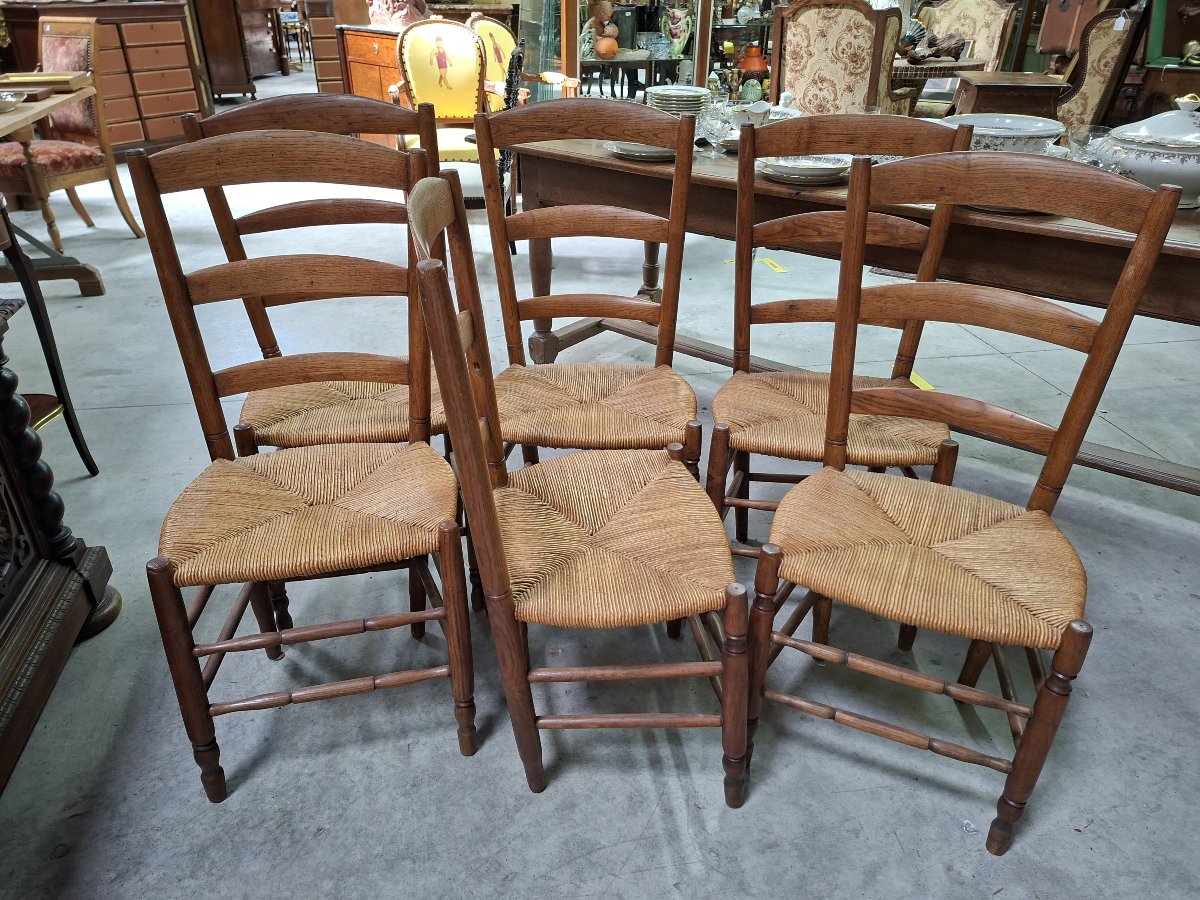 Suite De Six Chaises Rustiques En Bois Naturel Et Assise Paillée-photo-2
