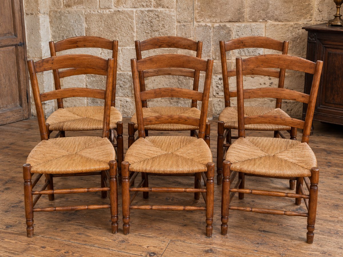 Suite De Six Chaises Rustiques En Bois Naturel Et Assise Paillée