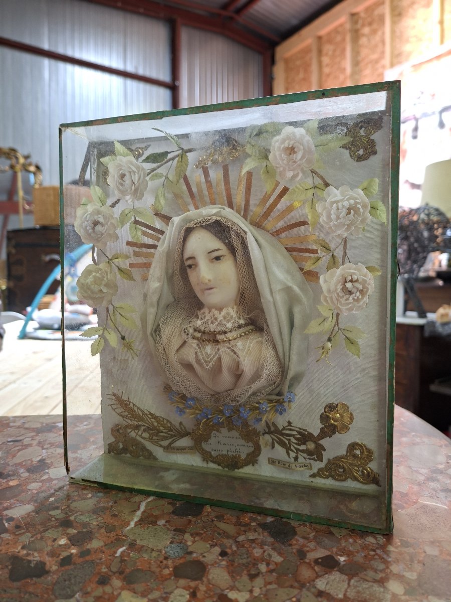 Reliquaire de dévotion sous verre – Vierge Marie – XIXe siècle -photo-1
