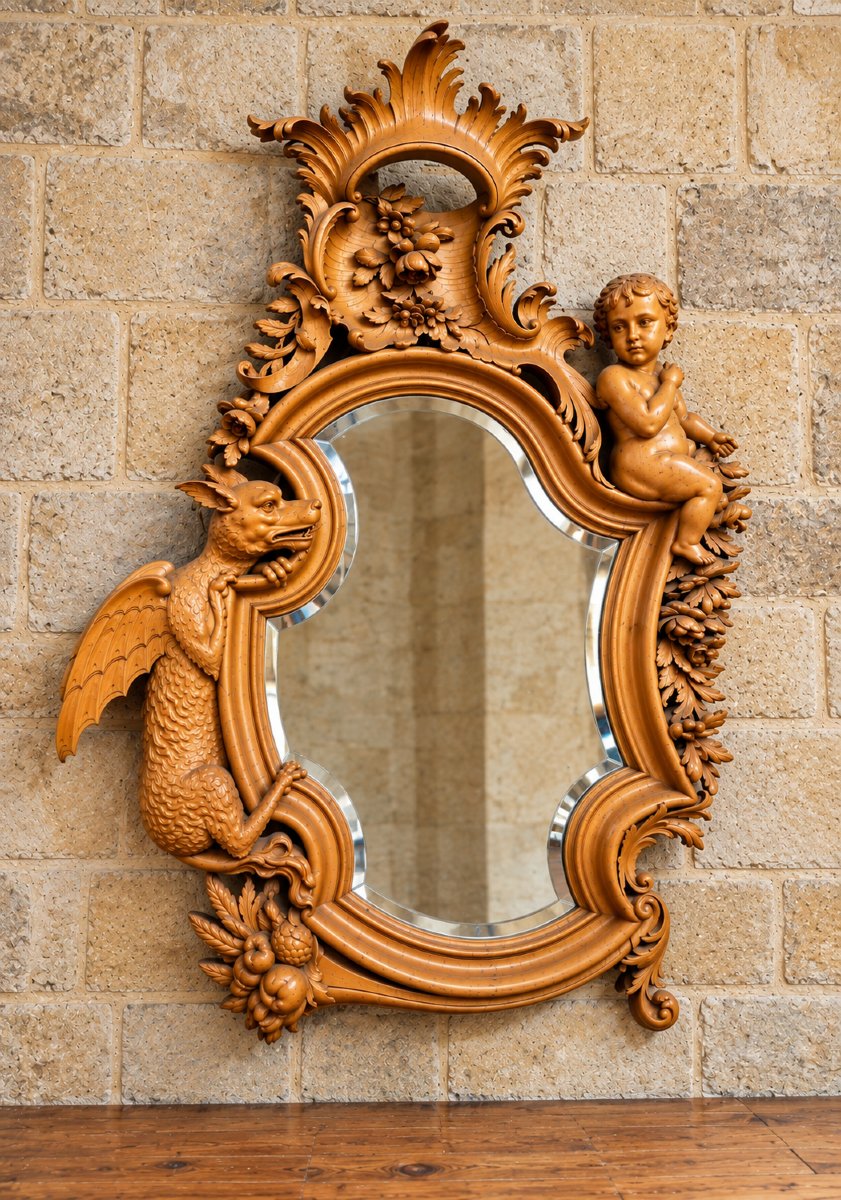 Important miroir sculpté en bois dans l'esprit de Viardot – Décor au dragon et putto – XIXe -photo-3