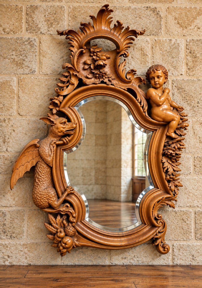 Important miroir sculpté en bois dans l'esprit de Viardot – Décor au dragon et putto – XIXe -photo-4