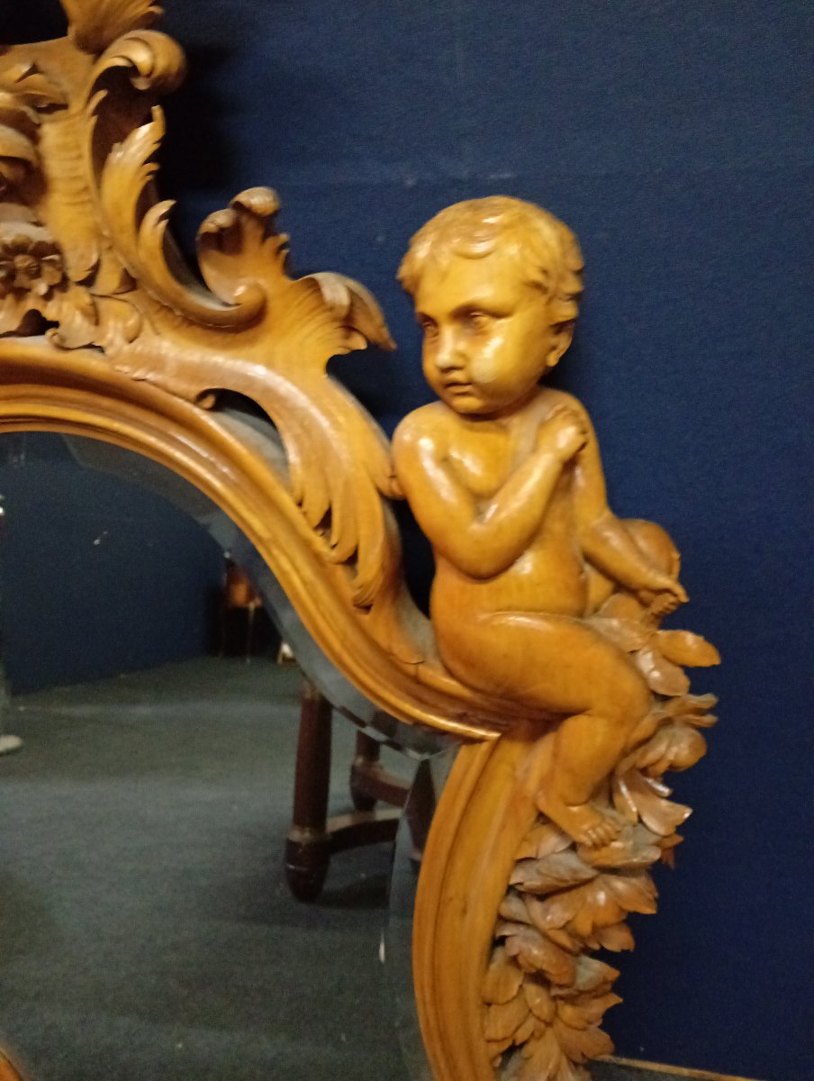 Important miroir sculpté en bois dans l'esprit de Viardot – Décor au dragon et putto – XIXe -photo-2