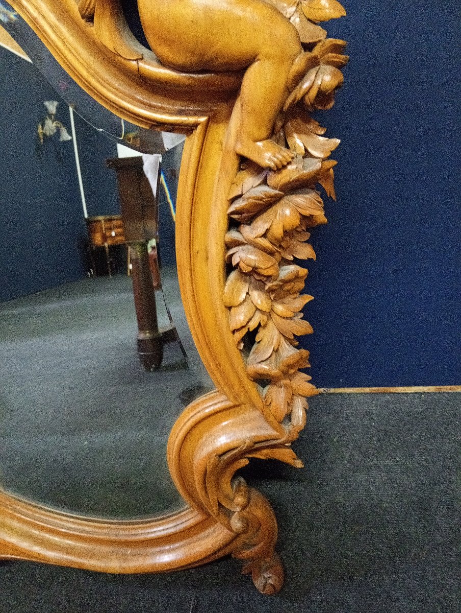 Important miroir sculpté en bois dans l'esprit de Viardot – Décor au dragon et putto – XIXe -photo-3