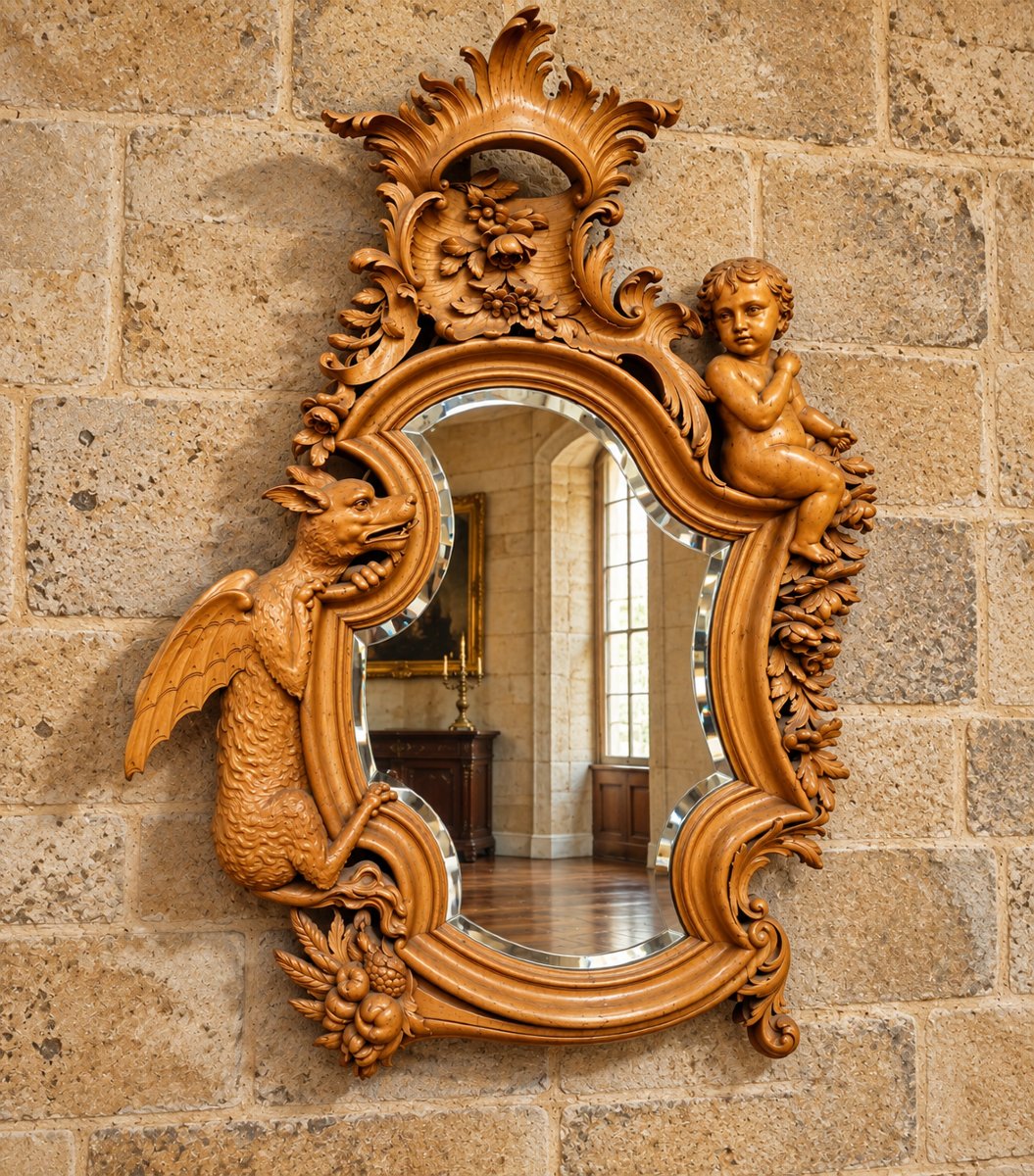 Important miroir sculpté en bois dans l'esprit de Viardot – Décor au dragon et putto – XIXe 