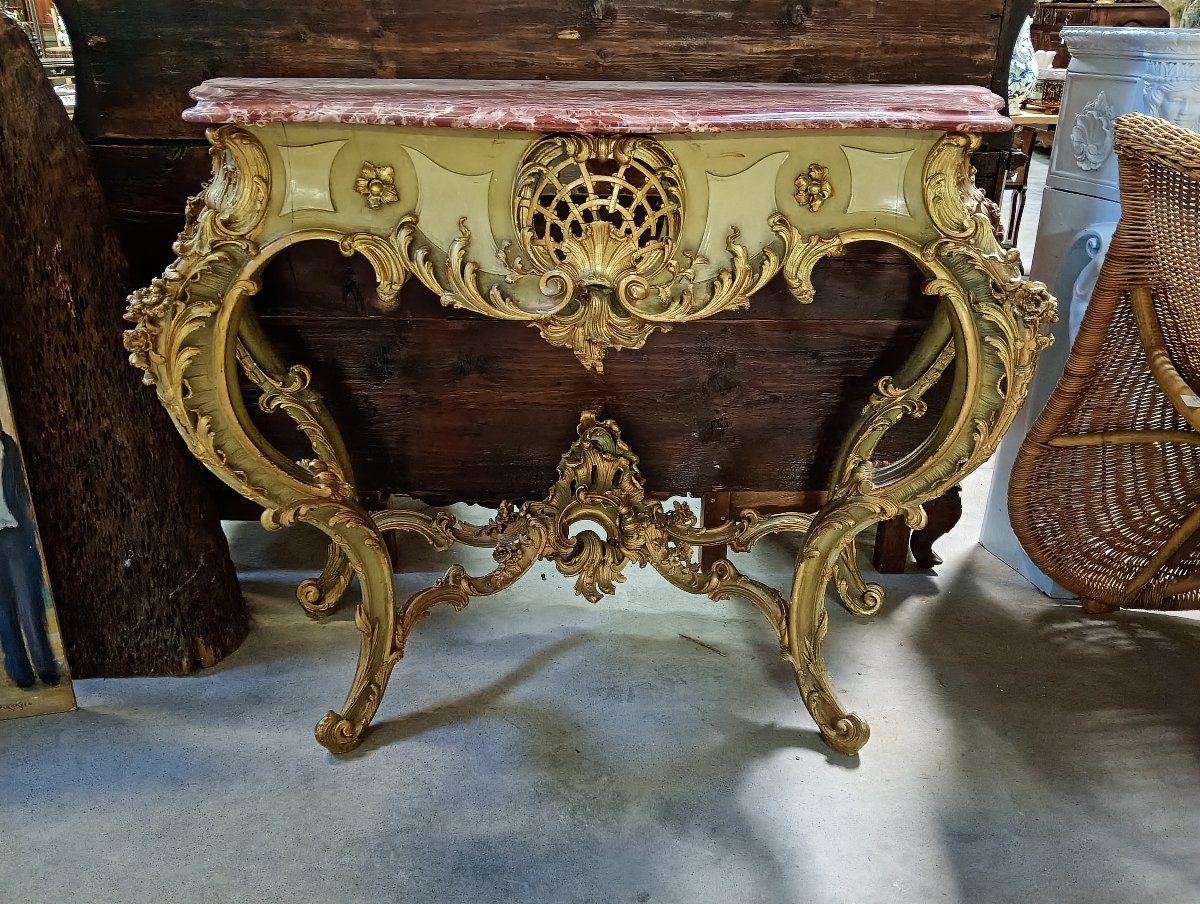 Importante console Venitienne de style Louis XV – Bois sculpté, laqué et doré –-photo-2