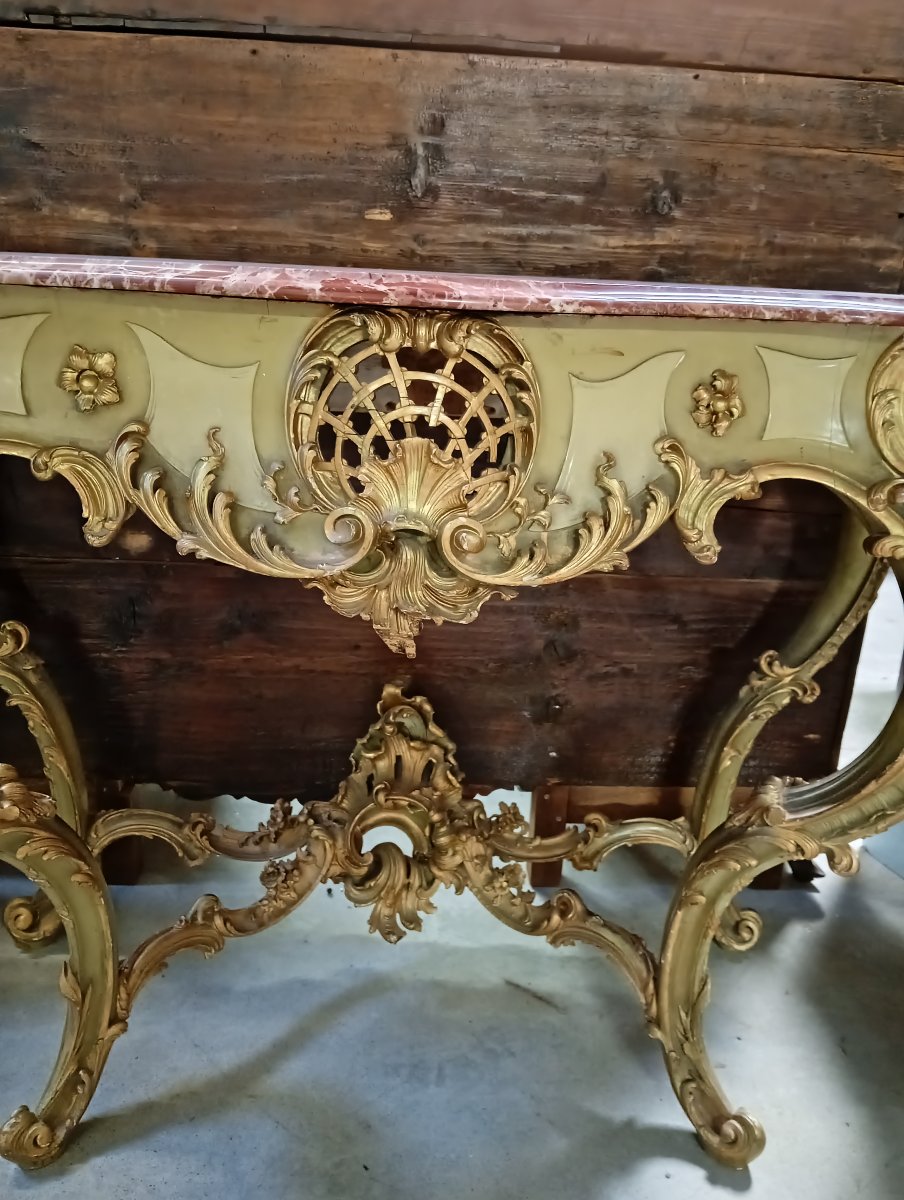 Importante console Venitienne de style Louis XV – Bois sculpté, laqué et doré –-photo-4