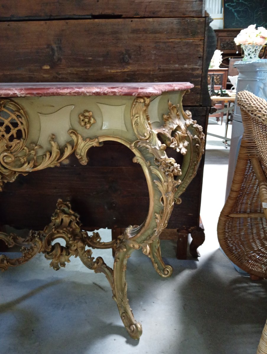 Importante console Venitienne de style Louis XV – Bois sculpté, laqué et doré –-photo-1