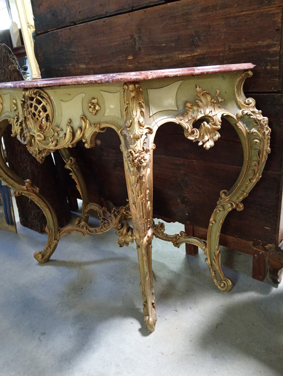 Importante console Venitienne de style Louis XV – Bois sculpté, laqué et doré –-photo-2