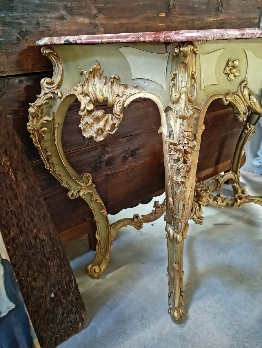 Importante console Venitienne de style Louis XV – Bois sculpté, laqué et doré –-photo-3