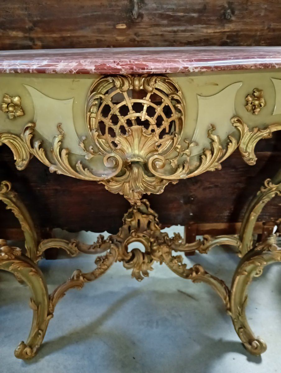 Importante console Venitienne de style Louis XV – Bois sculpté, laqué et doré –-photo-4