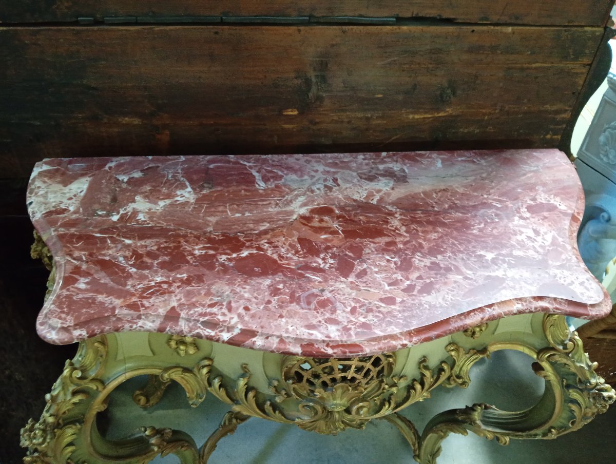 Importante console Venitienne de style Louis XV – Bois sculpté, laqué et doré –-photo-5