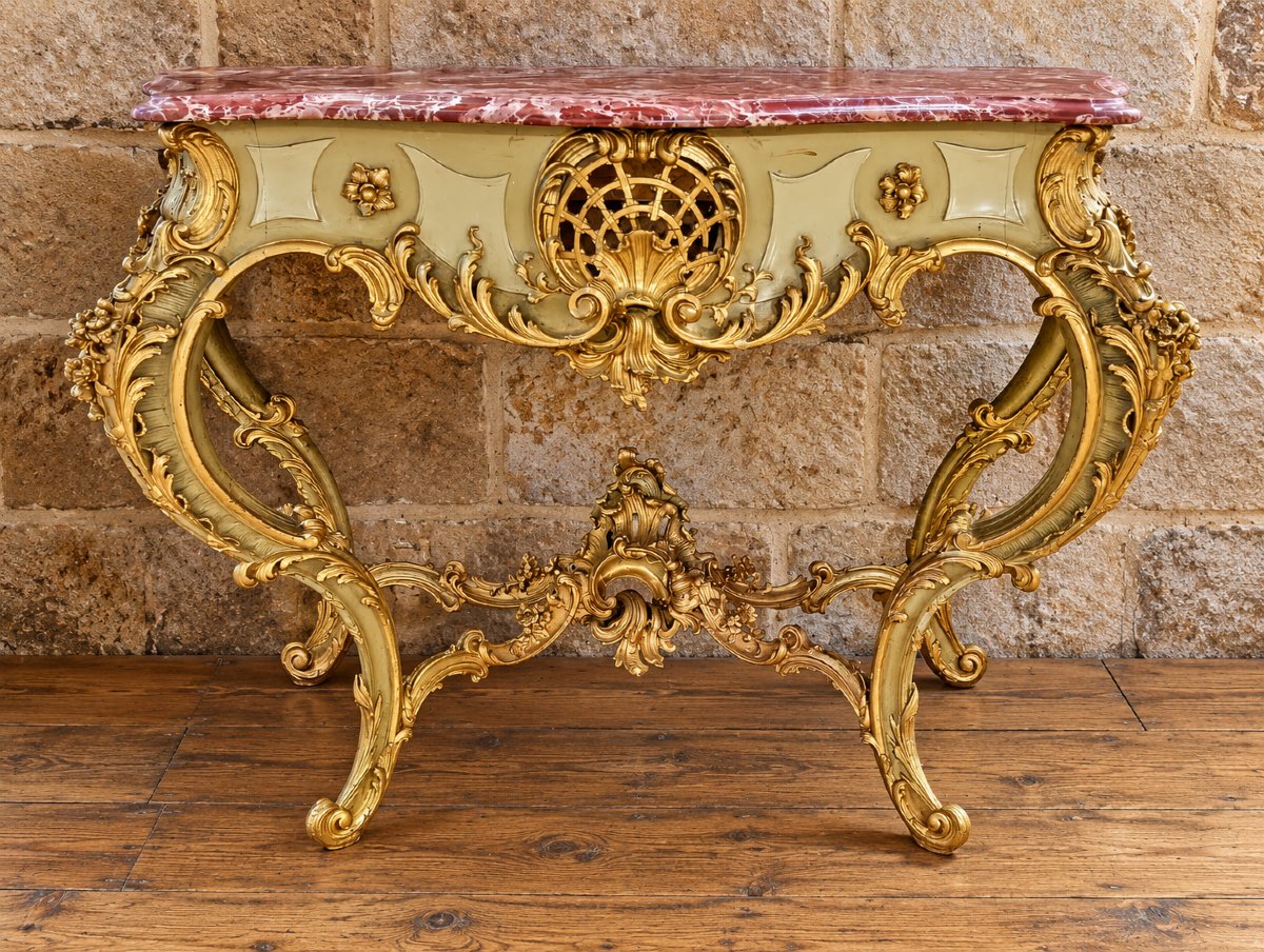 Importante console Venitienne de style Louis XV – Bois sculpté, laqué et doré –