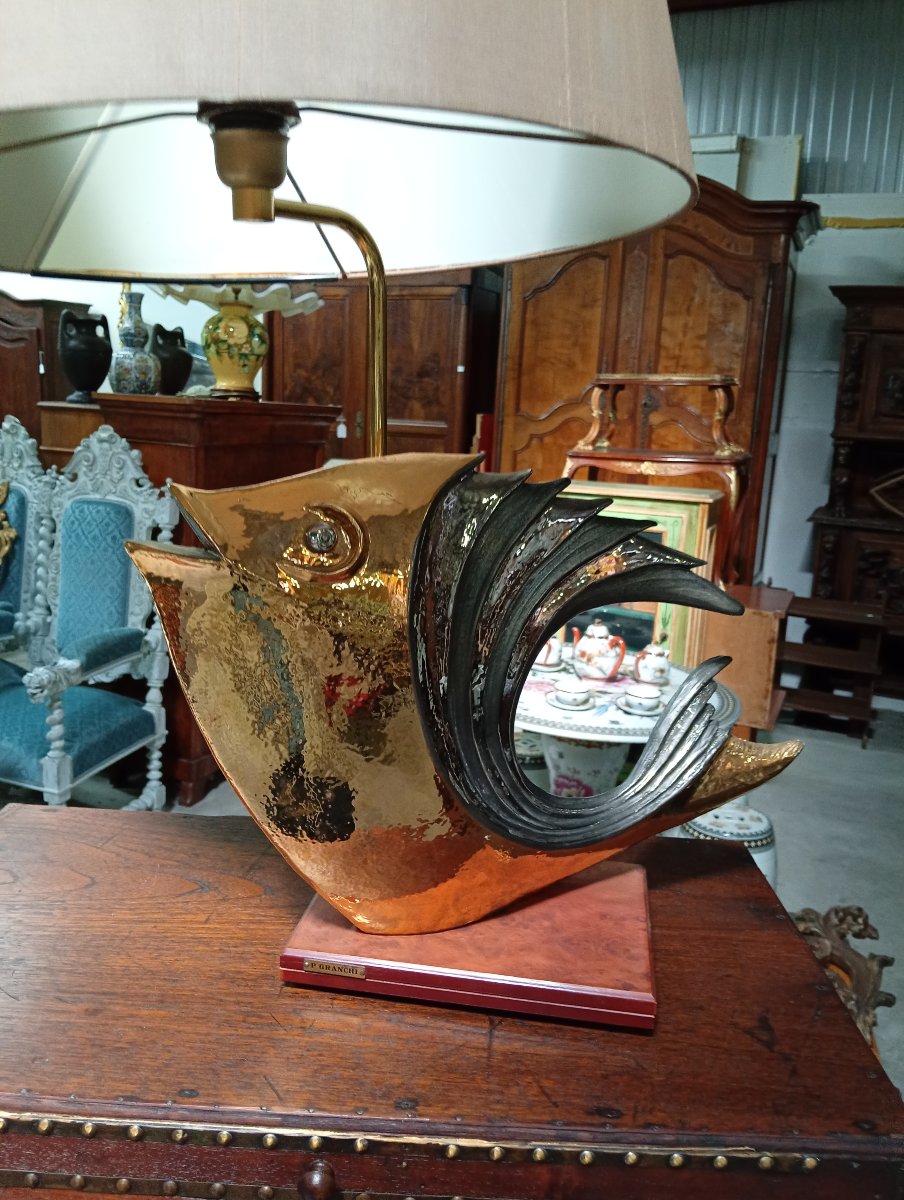 "fish" Sculptural Lamp – P. Granchi – Gilded Ceramic – 20th-century Design -photo-3