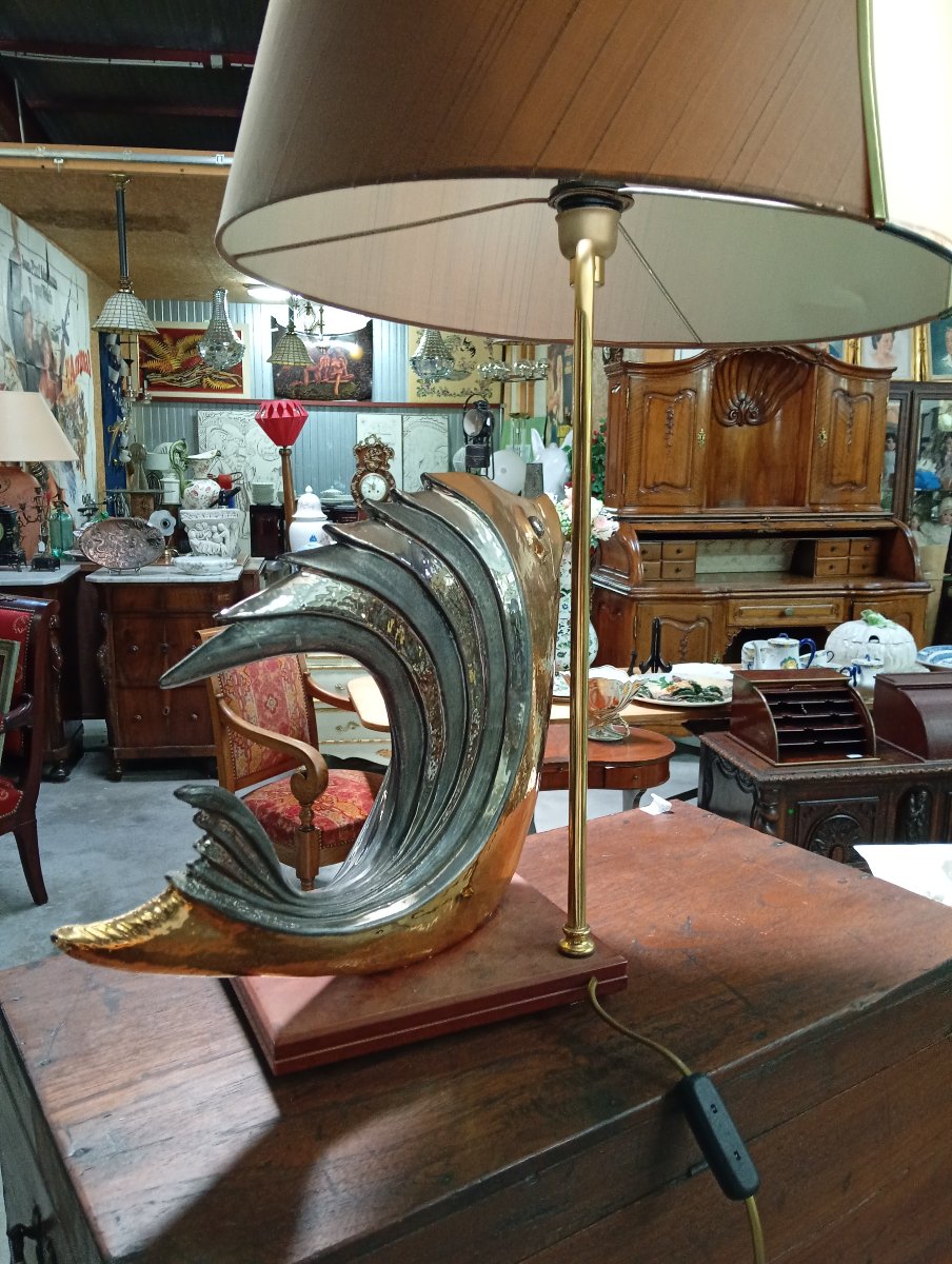 "fish" Sculptural Lamp – P. Granchi – Gilded Ceramic – 20th-century Design -photo-2