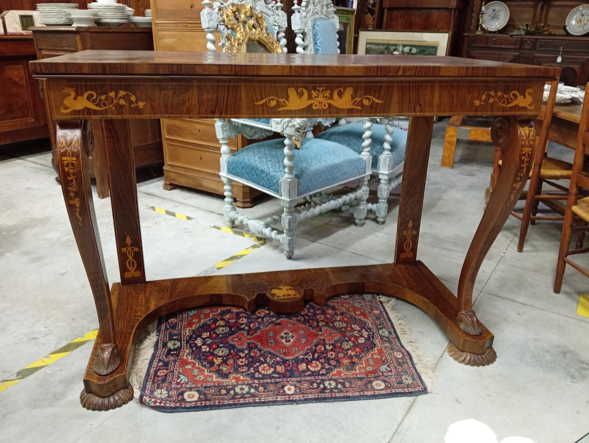 Importante console d’époque Charles X en noyer et marqueterie – vers 1825-1830-photo-2