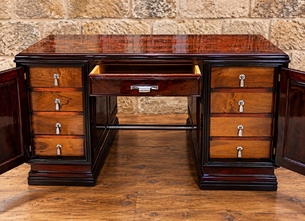 Large Art Deco Desk Made Of Burl, Mahogany, And Blackened Wood—with A Matching Chair -photo-2
