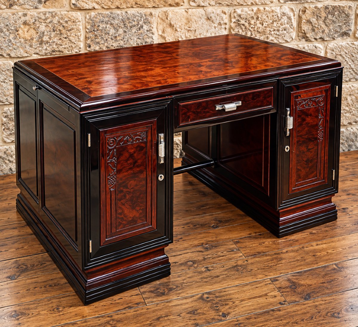 Large Art Deco Desk Made Of Burl, Mahogany, And Blackened Wood—with A Matching Chair -photo-3