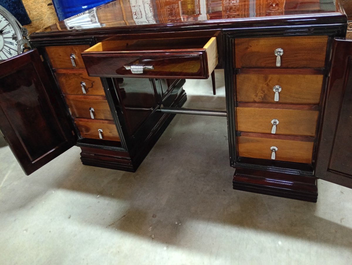 Large Art Deco Desk Made Of Burl, Mahogany, And Blackened Wood—with A Matching Chair -photo-2