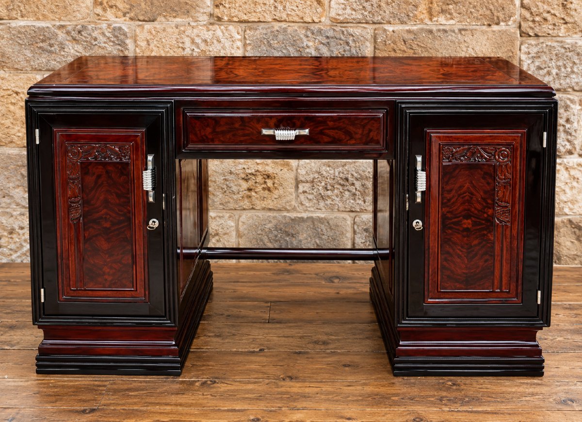 Large Art Deco Desk Made Of Burl, Mahogany, And Blackened Wood—with A Matching Chair 