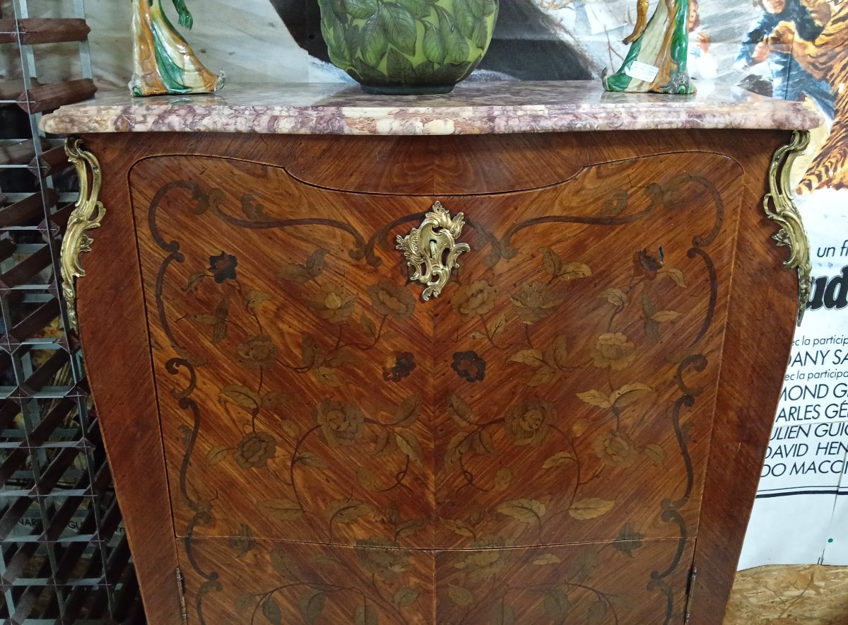 Secrétaire galbé de style Louis XV en marqueterie florale – Marbre – Cachette secrète-photo-4