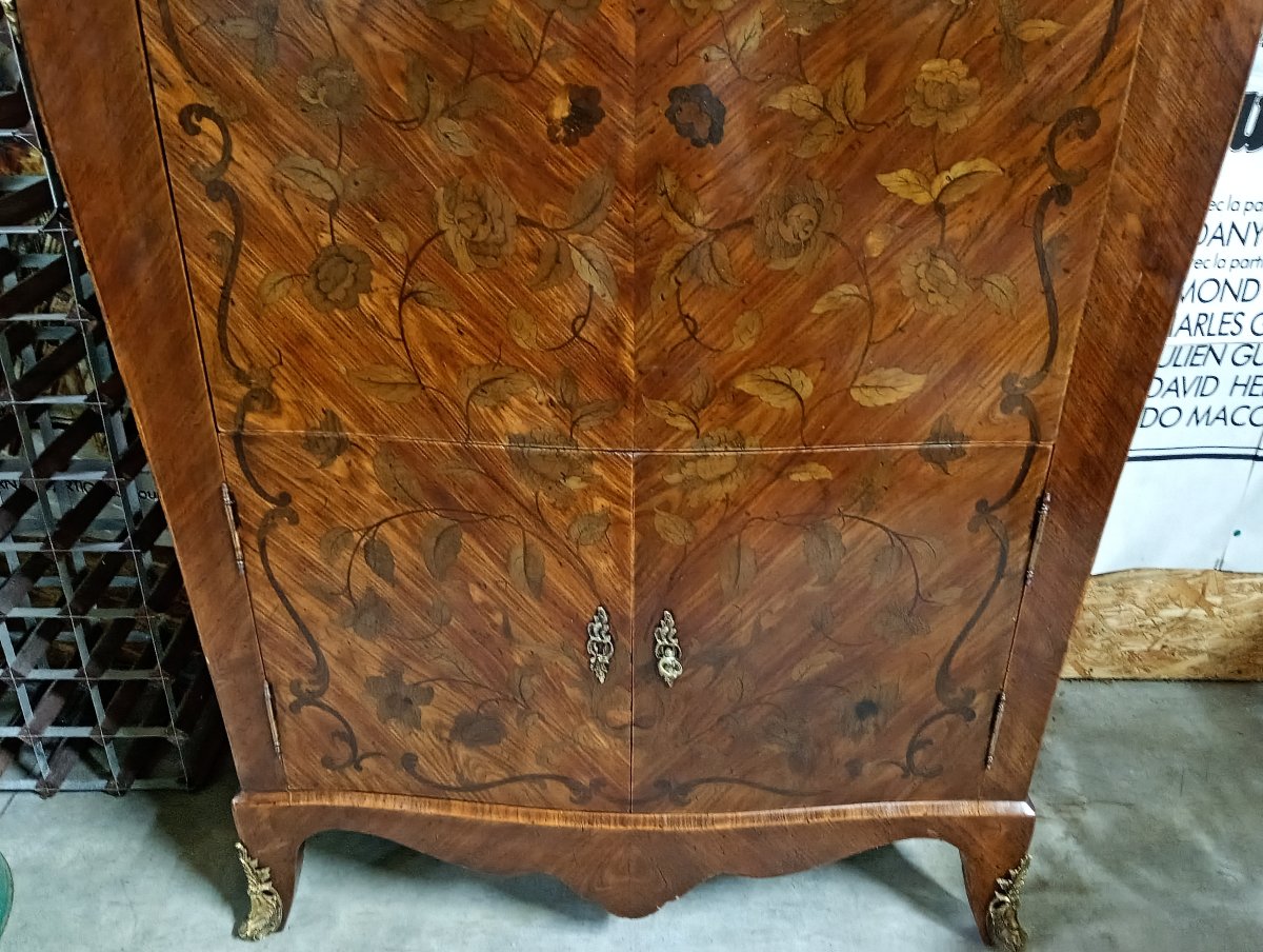 Secrétaire galbé de style Louis XV en marqueterie florale – Marbre – Cachette secrète-photo-1