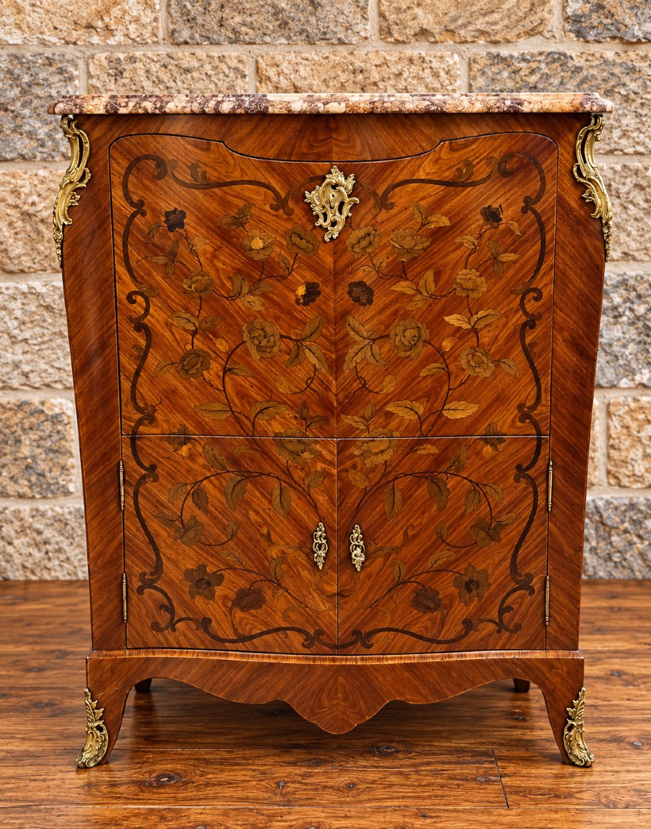 Secrétaire galbé de style Louis XV en marqueterie florale – Marbre – Cachette secrète